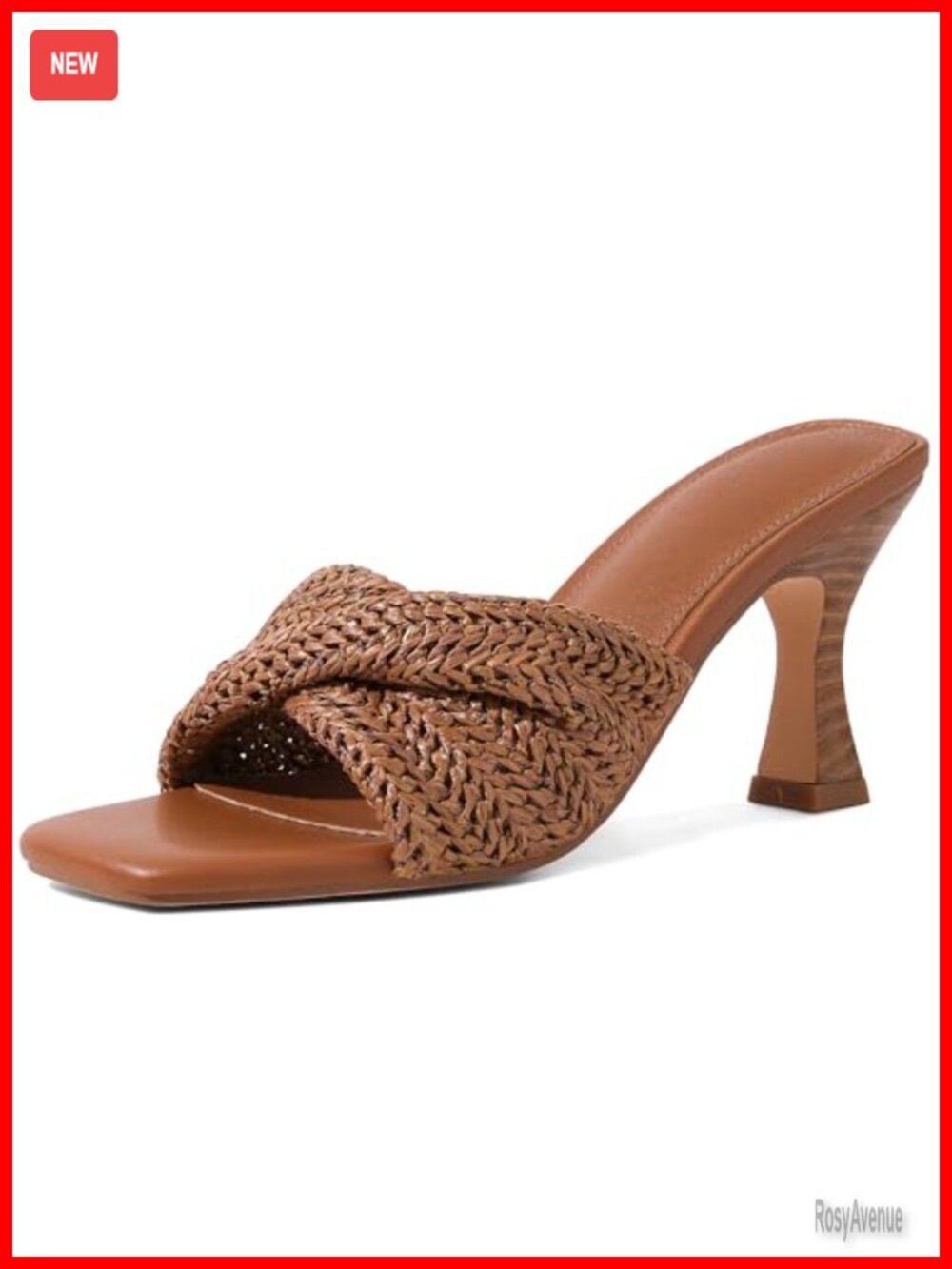 Raffia Heeled Sandals Stiletto Slip On Mule Square Toe Women's